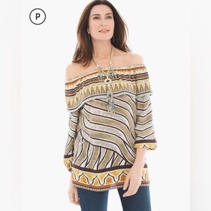 Chico’s Petite Tribal Border Off-The-Shoulder Top size 2